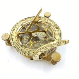 AnNafi® 5" Solid Brass Sundial Compass with Teak Wood Box Nautical Device - Maritime Golden-Tone Vintage Look Replica Collectible with 3 Adjustable Legs Calibrated Vintage Gift (with Wooden Box)