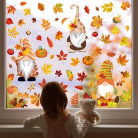 Fall Gnome Window Clings, 93Pcs Thanksgiving Gnome Clings Fall Leaves Window Decals Stickers for Glass Windows for Thanksgiving Autumn Home Party Windows Decorations