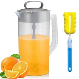 MYLEUS Mixing Pitcher for Drink, Drink Pitcher with Lid and Clean Sponge Brush, Wide Mouth Juice Pitcher with Plastic Blades and Adjustable Mixer Plunger, for Juice Tea Milk Lemonade(2.1qt/67.6oz)