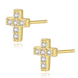 Lumayina 925 Sterling Silver Cross Earrings for Women, Small 14k Gold Plated Cubic Zirconia Earrings Studs Hypoallergenic for Women Men Gifts (Gold CZ 5 plus)