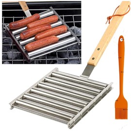 Hot Dog Roller For Grill – Extra Long Wood Handle, Cooks Evenly Without Flipping, Portable BBQ Griller Hot Dog Grill Roller Sausage Rack with Basting Pastry Brush Holiday Christmas Gift
