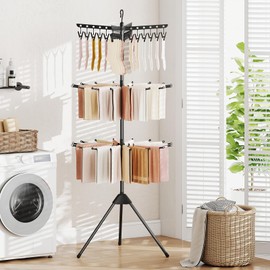 Tangkula 3-Tier Portable and Foldable Drying Rack, 70"H Freestanding Towel Rack with 32 Rods, 24 Clips, Detachable Top Hanger, 360° Rotatable Tripod Laundry Stand for Indoor, Poolside, RV Trip (Black)