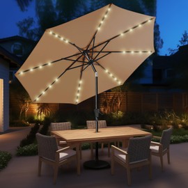 HOMSHADE 9ft Solar Patio Umbrella - Solar Lights LED Lighted Outdoor Market Table Umbrella, UPF50+ UV Protection with Push Button Tilt, Crank for Pool Deck and Garden (Beige)