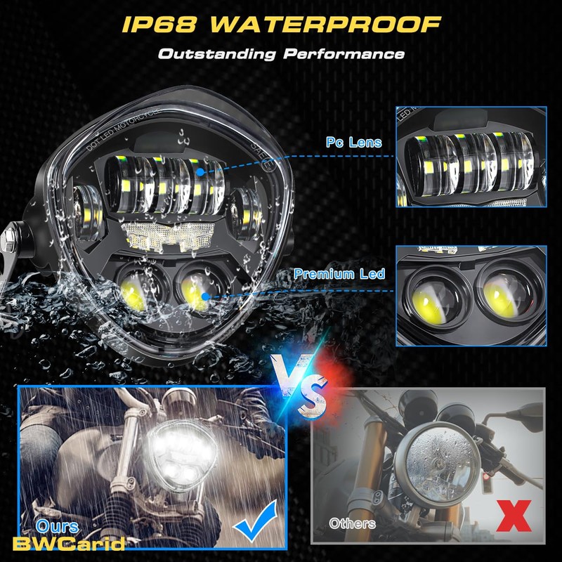 BWCarid 7 Inch LED Motorcycle Headlight DOT Approved With DRL