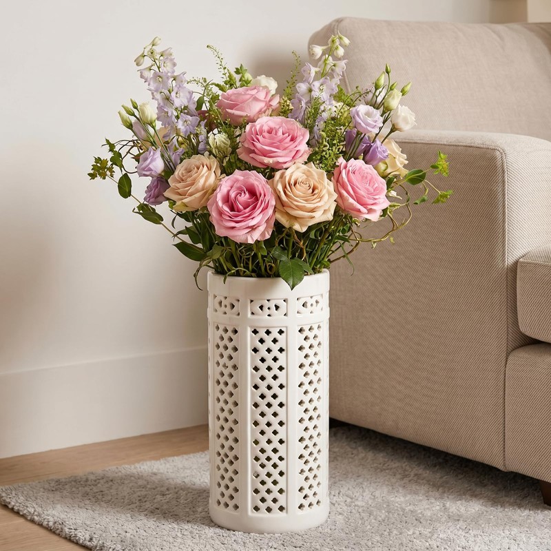 Sawysine White Ceramic Umbrella Stand with Hollow-out Design Heavy Porcelain