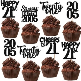 30PCS Black 21st Birthday Cupcake Toppers Glitter Twenty One Happy 21st Straight Outta 2004 Cupcake Picks for Cheers to 21 Years Birthday Anniversary Party Decorations Supplies