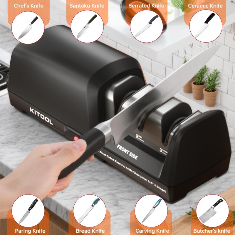 KITOOL Electric Knife Sharpener, Dual-Sided 3-Stage Sharpener with 100% Diamond