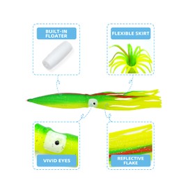 BLUEWING Lot of 10 Skirt Shell Squid with Float Inside 6in/9in Trolling Bulb Squid for Tuna, Wahoo, Mahi, Marlin, Big Game Fish Green-Yellow 15.5cm / 6inch