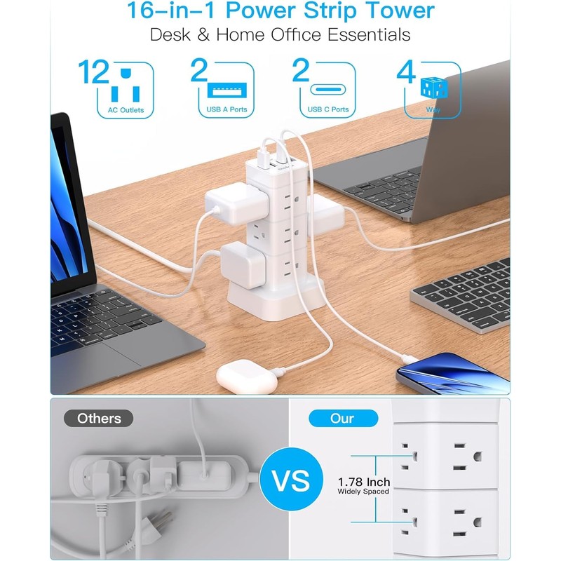 10Ft Tower Power Bars with Surge Protector, 12 Widely Outlets