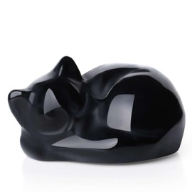 LAIDANLA Black Obsidian Sleeping Cat Statue Healing Crystals Hand Carved Cute Kitten Figurine Sculpture 1.6" Glossy Gemstone Decor Polished Stone Reiki Office Room Bedroom Desk Home Decoration Gifts