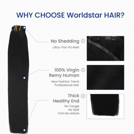Worldstar Seamless Clip in Hair Extensions Human Hair，Invisible Clip in Hair Extensions 130g 6Pcs 22Inch #1 Jet Black,Hair Extensions for Women Clip in Hunman Hair,Natural Straight（EN#1-22)