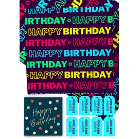 8 x Neon Birthday Wrapping Paper - HUGE 84cm x 60cm Eco Friendly Premium Recyclable Gift Wrap for Men, Women, Boys or Girls (8 Sheets & 8 Tags)