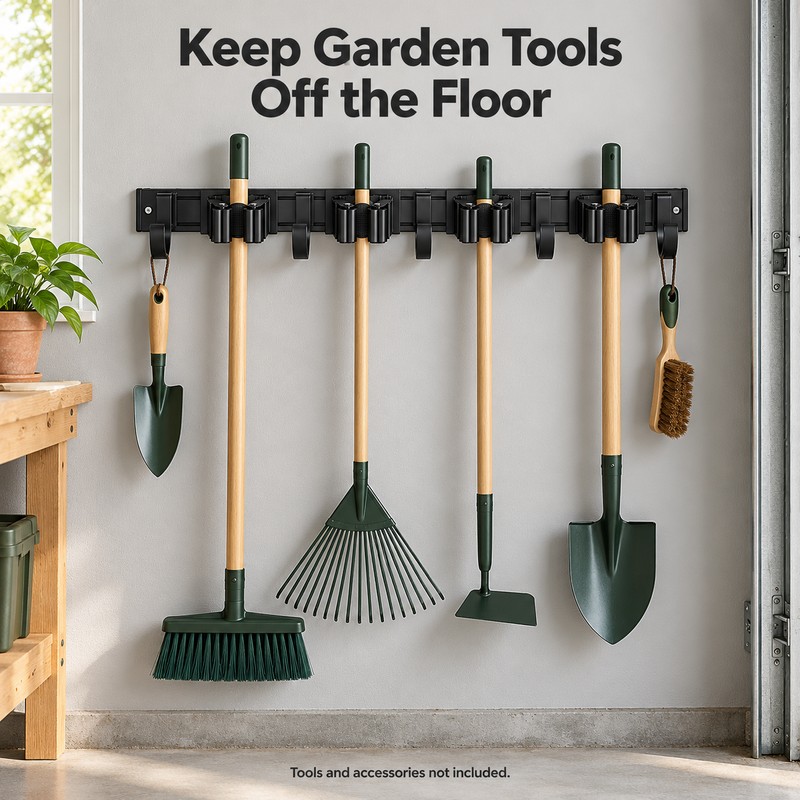 Wall-Mounted Broom and Mop Holder – 4 Slots and 5