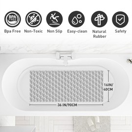 XIYUNTE Shower Mat Non Slip Bathtub Mat - 36x16 inch TPE+PP Anti Slip Shower Mat, Non Slip Shower Mat for Inside Shower with Powerful Suction Cup and Drain Holes, Easy to Cut, Grey