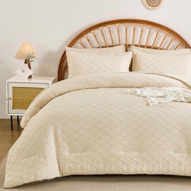 Yiran Queen Comforter Set, Beige Jacquard 7 Piece Bed in a Bag, Tufted Textured Soft Microfiber Diamond Pattern Complete Bedding Set with Sheets for All Season