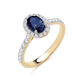 Old English Jewellers 9ct Yellow Gold on Silver Blue Sapphire CZ Oval Cluster Ring size K L M N O P Q R S - September BIRTHSTONE (M)