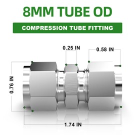 TAISHER 5PCS 304 Stainless Steel Compression Tube Pipe Fitting Connector, 8MM Tube OD x 8MM Tube OD Straight Adapter