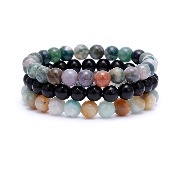 BOMAIL 3PCS Semi-Precious Gemstone Bracelet - Healing Crystal Stone Beaded
