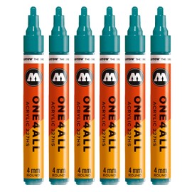 Molotow One4All 227HS Acrylic Markers (4.0 mm Line Width, High Coverage and Permanent, Quick Drying, Refillable, for Almost All Surfaces) Pack of 6, Colour 255 Aqua