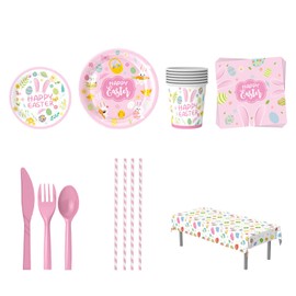 Easter Party Supplies, 129 Pcs of Easter Party Tableware,Happy Easter Bunny Egg Themed Disposable Paper Plates NapkinsForks Dinnerware Set