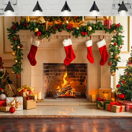 7x5 ft Christmas Fireplace Backdrop Photography: Xmas Photoshoot Decorations Wall Door Large Fabric Background Banner for Party Supplies, New Years Winter Holiday Photo Booth Props
