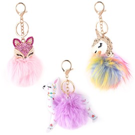 AUEAR, 3 Pack Cute Animal Pom Keychain Faux Fur Fluffy Key Ring Pompoms for Women Bags Craft