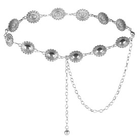 Pinsit Western Metal Concho Belt for Women, Cowgirl Chain Waist Belt, Adjustable Silver Western Metal Chain Belt for Dresses Jeans Western Cowgirl