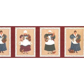 CONCORD WALLCOVERINGS ™ Wallpaper Border Vintage Pattern Chefs Food Utilities for Cottage Kitchen Dining Room, Beige Red Green, 15 Feet by 9 Inches OS10104B