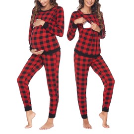 Ekouaer Nursing Pyjamas Women's Pregnancy Long Sleeve Striped Thermal Maternity Pyjamas Set Winter S-XXL, A-black-red chequered