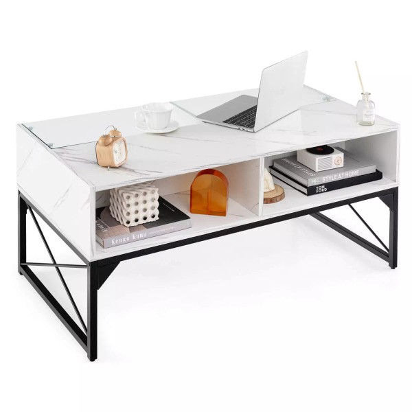 Costway High-gloss LED Coffee Table w/ Faux Marble & Tempered