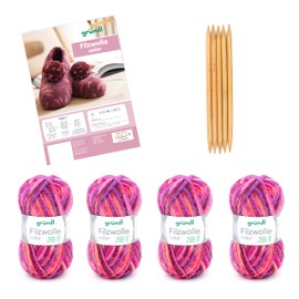 Gründl Knitting Set Felt Wool Colour (Oeko-Tex Certified, 100 Virgin Wool, 4 x 50 g + Needle 8-9 + Instructions for Slippers), 25 x 16 x 7 cm, Orange/Fuchsia/Purple, Multicoloured
