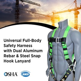 AFP Universal Full-Body Safety Harness with 3 D-Rings, Tongue Buckle Legs High-Viz Green, Shock Absorbing Lanyard Aluminum Pelican Rebar, Steel Snap Hook (OSHA/ANSI) (Double Leg Lanyard w/Rebar Hooks)