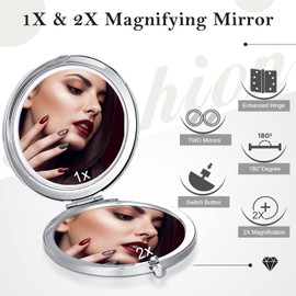 Yulejo 6 Pieces Magnifying Compact Cosmetic Mirror Diamond 1X/ 2X Makeup Mirror 2.75 Inch Round Pocket Travel Makeup Folding Small Purse Size Mirror for Women Girls Bridesmaid Gift (Colored Silver)