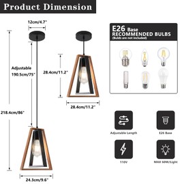 Flyrose Small Black Pendant Lights 2 Pack Rustic Wood Pendant Lights Farmhouse Kitchen Island Light Fixtures Set of 2 Industrial Metal Pendant Light Adjustable Hanging Light Fixtures