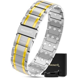 MagnetRX MagnetRX? Titan Magnetarmband fr Herren mit dreifacher St?rke C Magnetb?nder mit hochwertigem Faltverschluss und verstellbarer L?nge mit Sizing Tool (Silber/Gold)