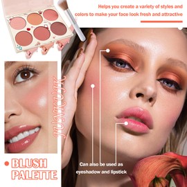 JunKuJk 6 Colors Blush Palette,Shimmer Silky Matte Blush Powder Palette,Professional Cute Face Contour Highlighter Blush Palette with Blush Makeup Brush