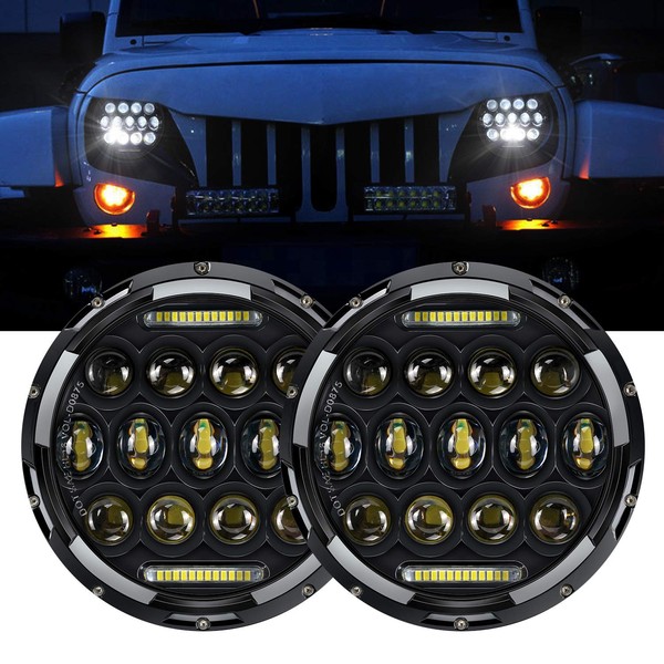 DOT Approved LED Headlight 7" 75W Round LED Headlamp with Daytime Running Light DRL Amber Turn Signal High Low Beam For Wrangler JK TJ LJ CJ Motorcycle Mazda Miata with H4 H13 Adapter