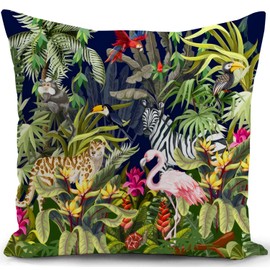 KUNQIAN Cushion Cover Outdoor Jungle Tropical Green Animals Throw Pillow Case Leopard Flamingo Zebra Decor Home Livingroom Couch Sofa Gift 18"x18"(45x45cm)