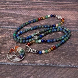 Bivei 108 Mala Beads Bracelet - 7 Chakra Life Tree Real Gemstone Yoga Meditation Mala Prayer Bead Necklace(Azurite Malachite)