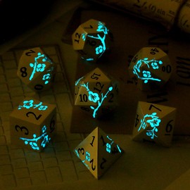 Glow in The Dark Flower Metal Dice, DNDND 7 PCS Blue Metallic D&D Dice Set with Grogeous Gift Case for Dungeons and Dragon Tabletop Game (Glow in The Dark Blue)