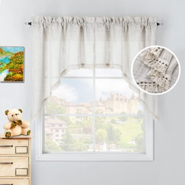 Beda Home Tassel Linen Textured Swag Curtain Valance for Farmhouses’ Kitchen; Light Filtering Rustic Short Swag Topper for Small Windows Bedroom Privacy Added Rod Pocket Design(Nature 36x36-2PCs)