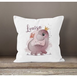 SpecialMe® Cushion Cover Children's Dinosaur Butterfly Tie Motif with Name of Choice Name Cushion Children Baby Girls White Standard