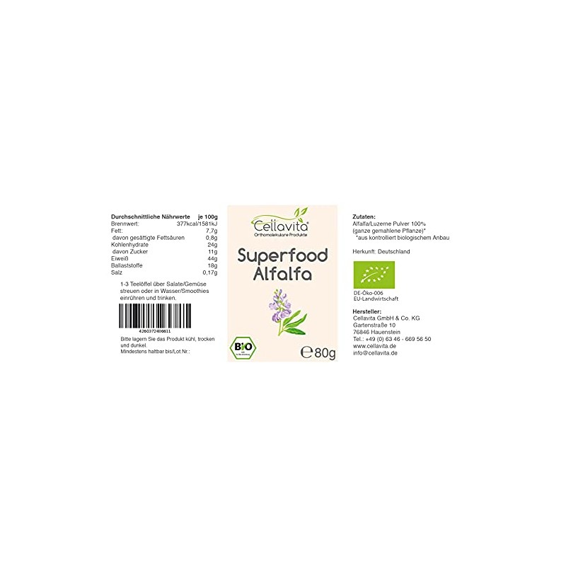 Cellavita Superfood Alfalfa | Organic & Vegan | Made in