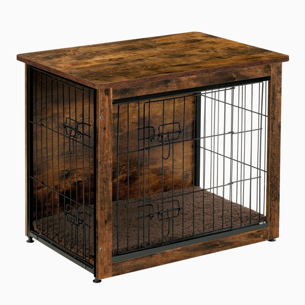 DWANTON Dog Crate Furniture with Cushion, Wooden Dog Crate Table, Double-Doors Dog Furniture, Dog Kennel Indoor for Small/Medium/Large Dog, Dog House, Dog Cage Small, 27.2" L, Rustic Brown