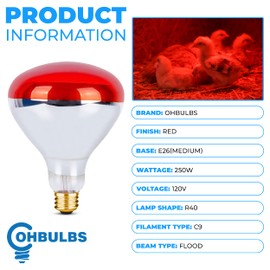 OHLECTRIC R40 Red Infrared Heat Flood Bulb with E26 Medium Base | 250W Heat Reflector Incandescent Light | Ideal for Workshops, Poultry Farmings
