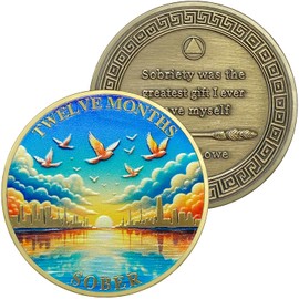 Peace Dove 12-Month Sobriety Coin | Alcoholics Anonymous Coins AA Sobriety Gifts for Men & Women | Celebratory Living Clean AA Coin for Annual Sober Chip Anniversary | AA Chips and AA Medallions