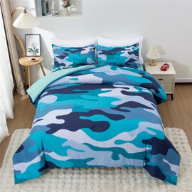 Meeting Story Camouflage Bedding Set, Colorful Pattern Style Comforter Set, 3 PCS One Comforter Two Pillowcases in One Bag, All Season Bedspread for Teens Adults (Aqua Green,Twin)