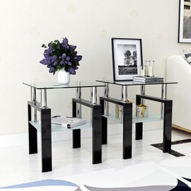 TUNGTAR Glass End Tables, Set of 2, Modern Tempered Glass Tea Table Coffee Table Nightstand, Square Table for Living Room (Black + Transparent Glass)