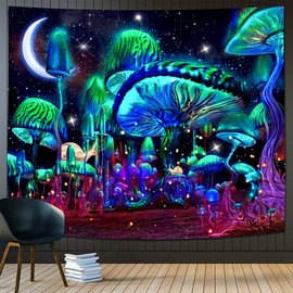 Rolin Roly Mushroom Tapestry Fantasy Plants Wall Tapestry Aesthetic Moon Blacklight Tapestries with 2Clips,3Nails for Bedroom Living Room Home Decor (59X51inch)