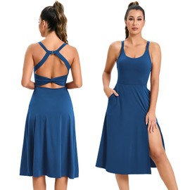 ABOCIW Athletic Dress for Women Scoop Neck Sleeveless Backless Cut Out Twisted Split Hem Tennis Dress with Built in Bra and Pocket Golf Exercise Midi Casual Dresses for Women 2023 Dark Blue Small